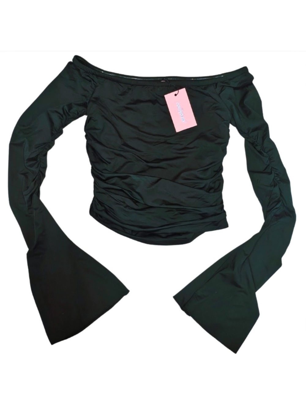 edikted ruched off-shoulder top size XS with bell sleeves